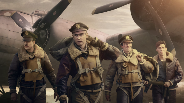 Major Robert “Rosie” Rosenthal (Nate Mann), Major Gale “Buck” Cleven (Austin Butler), Major John “Bucky” Egan (Callum Turner), and Major Harry Crosby (Anthony Boyle) suit up in preparation for a WWII bombing Mission. Courtesy of Apple Studios